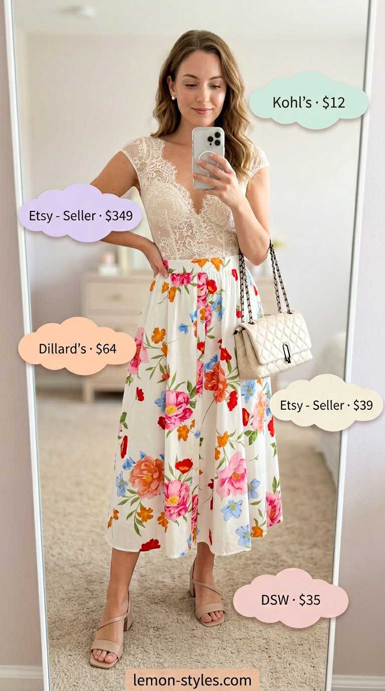 Summer Lace Bodysuit Outfits for Women 2026: Garden Party Chic Summer lace bodysuit outfits for women 2026: Blush pink lace bodysuit with floral midi skirt for garden party.