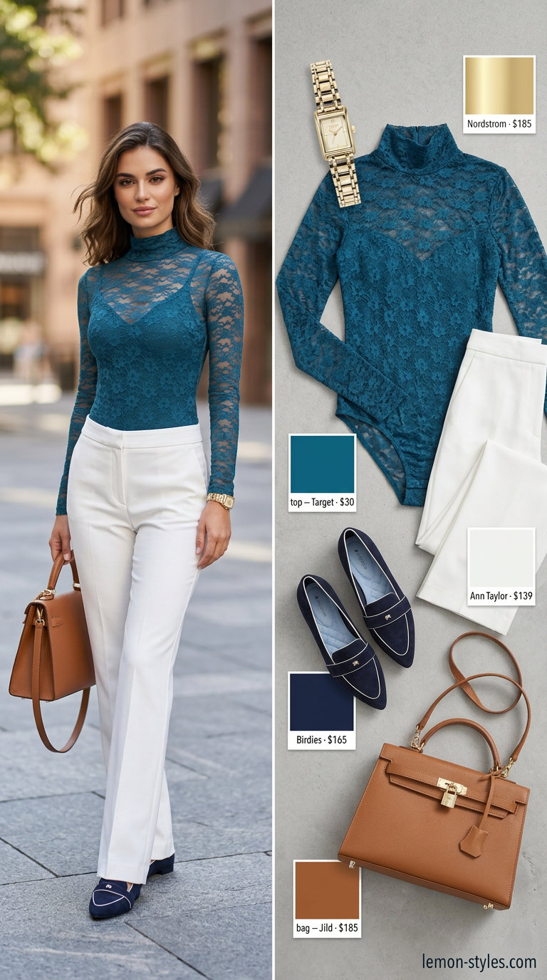 Summer Lace Bodysuit Outfits for Women 2026: Office Elegance Summer lace bodysuit outfits for women 2026: Navy lace bodysuit with white wide-leg trousers for office.