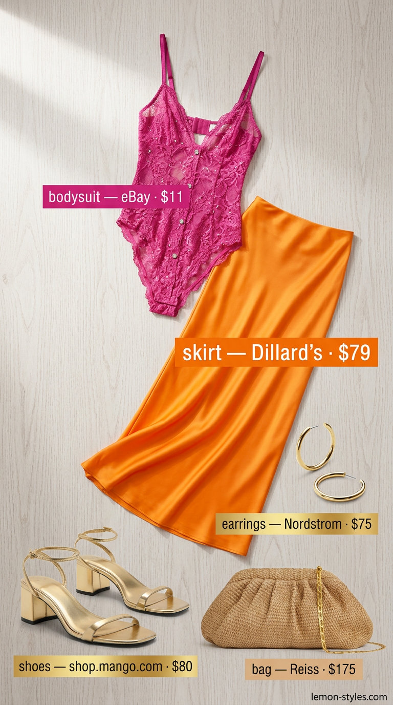 Summer Lace Bodysuit Outfits for Women 2026: Tropical Glam Summer lace bodysuit outfits for women 2026: Fuchsia lace bodysuit with orange satin skirt for tropical dinner.