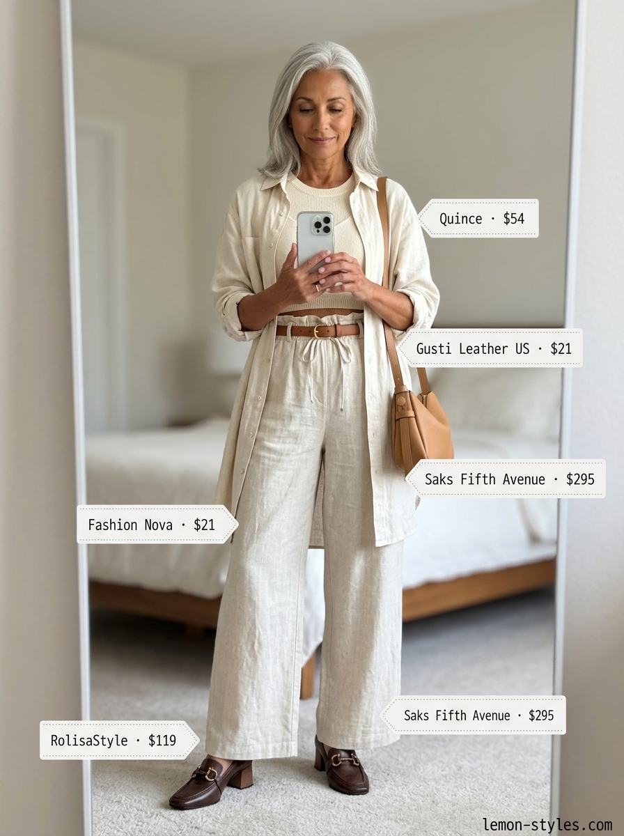Sophisticated Summer Linen Outfit for Women Over 60 2026 Beige linen shirt dress with brown leather belt and loafers. Summer linen outfit for women over 60 2026.