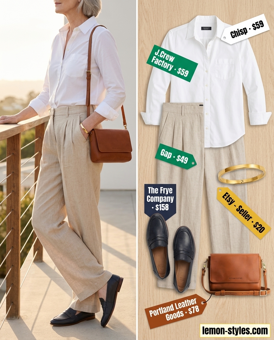 Classic Summer Linen Outfit for Women Over 60 2026 Natural beige linen trousers with white shirt, navy loafers. Summer linen outfit for women over 60 2026.