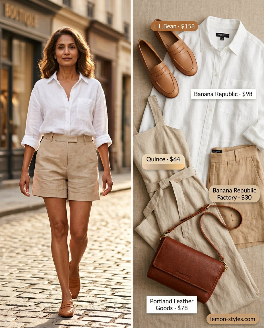 Polished Blue Linen Shorts Set 2026 Light blue linen shorts and white button-down summer linen outfit for women over 60 2026.