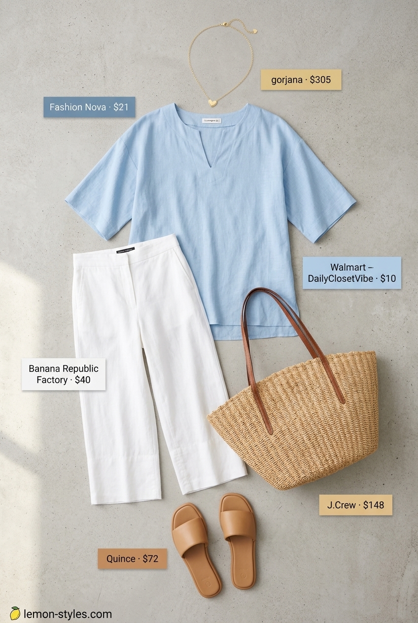 Sophisticated Blue Linen Tunic 2026 Powder blue linen tunic and white cropped pants summer linen outfit for women over 60 2026.