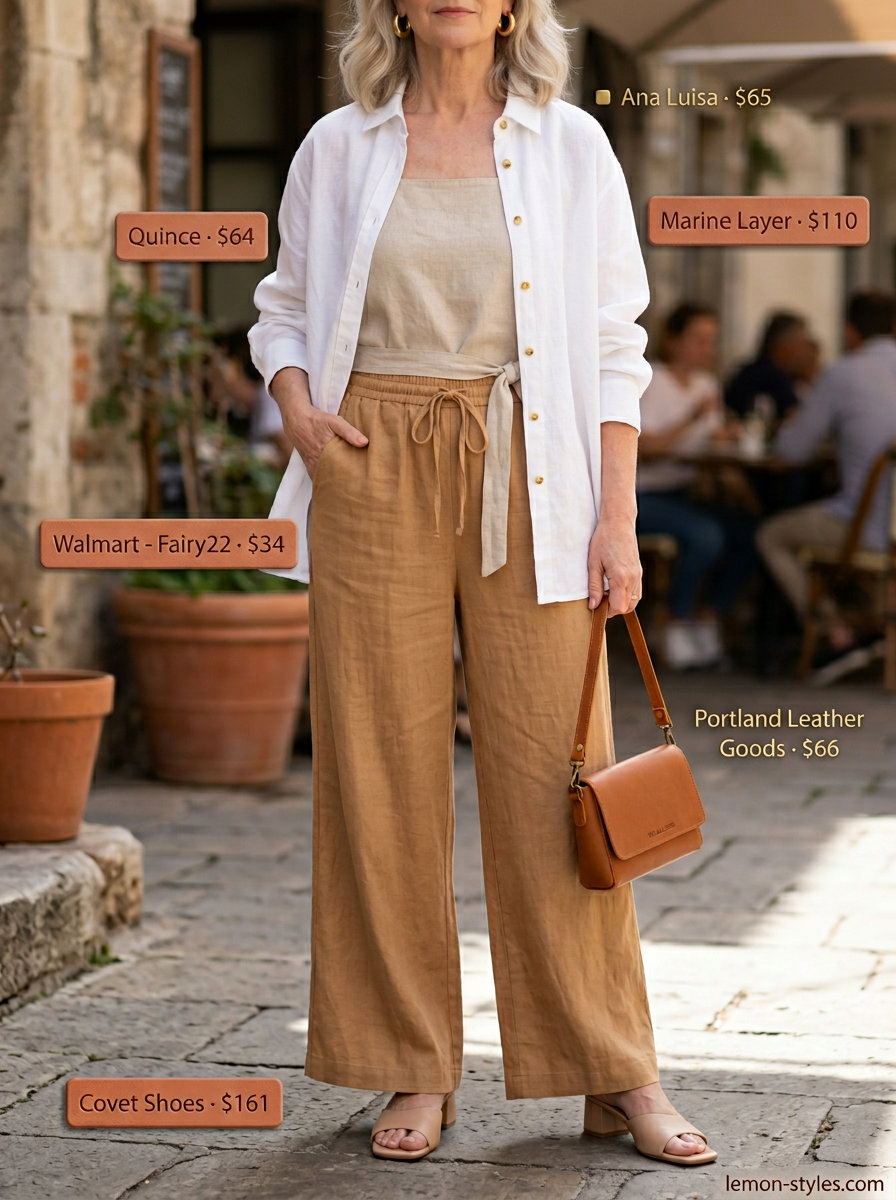 Chic Summer Linen Outfit for Women Over 60 2026 Camel linen trousers with white oversized shirt, gold hoops. Summer linen outfit for women over 60 2026.