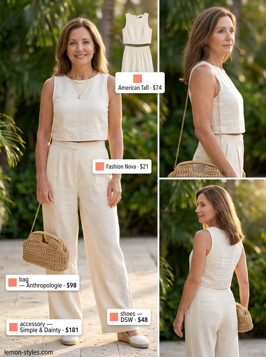 Chic Coral Linen Co-ord Set 2026 Coral linen co-ord set for women over 60, perfect summer linen outfit 2026 for brunch or resort wear.