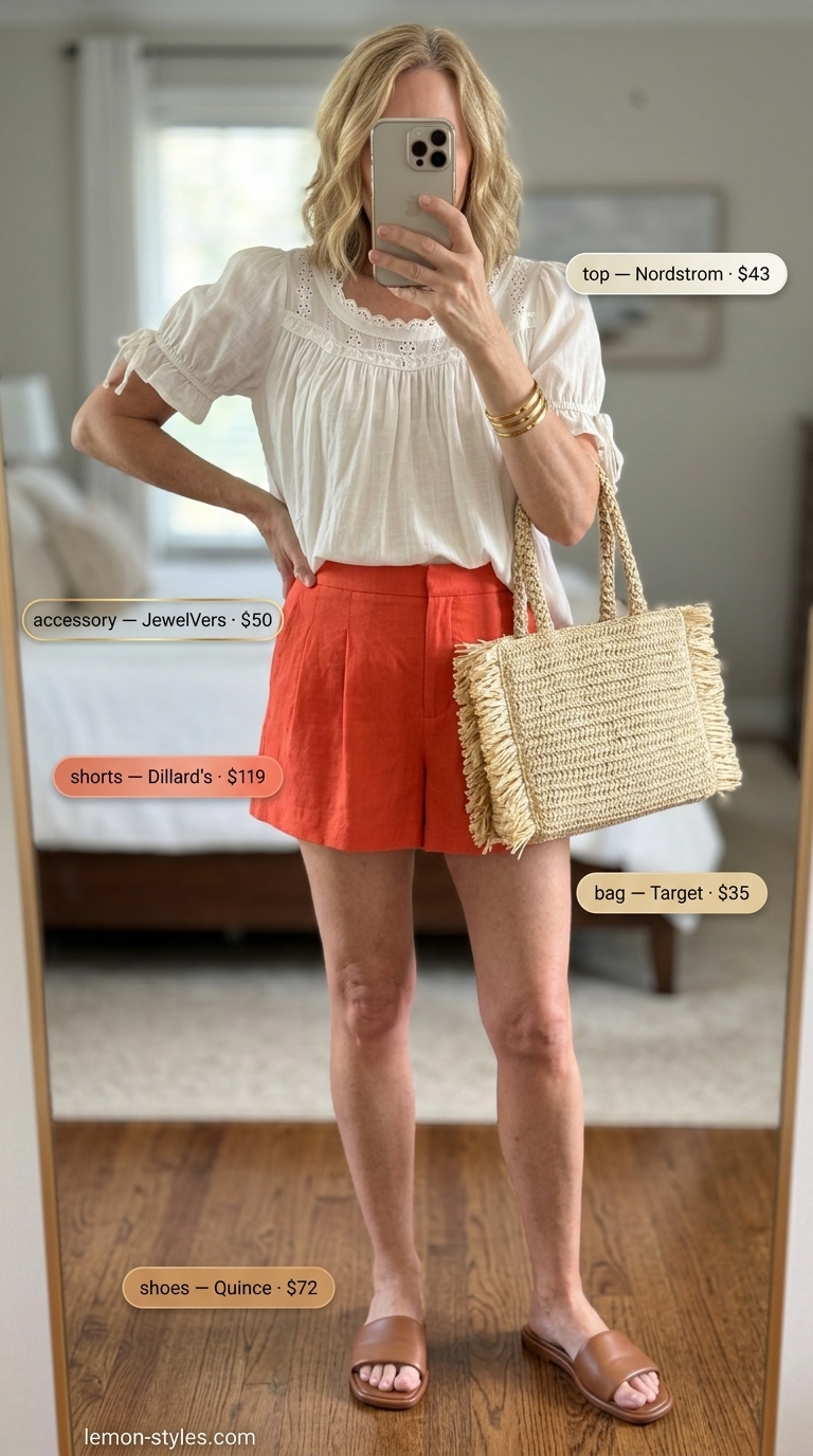 Feminine Coral Linen Shorts 2026 Coral linen shorts and white eyelet blouse summer linen outfit for women over 60 2026.