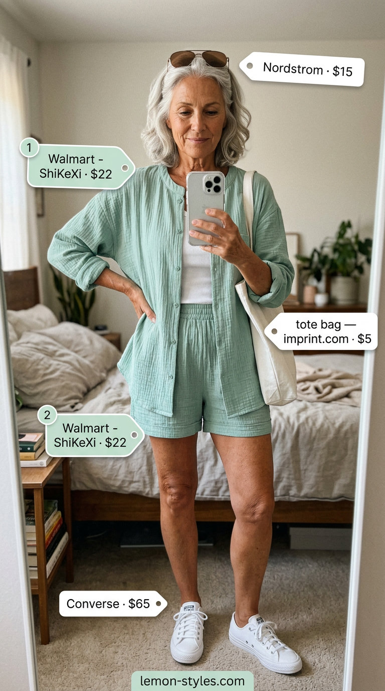 Coordinated Summer Linen Outfit for Women Over 60 2026 Mint green linen shirt and shorts set with white sneakers. Summer linen outfit for women over 60 2026.