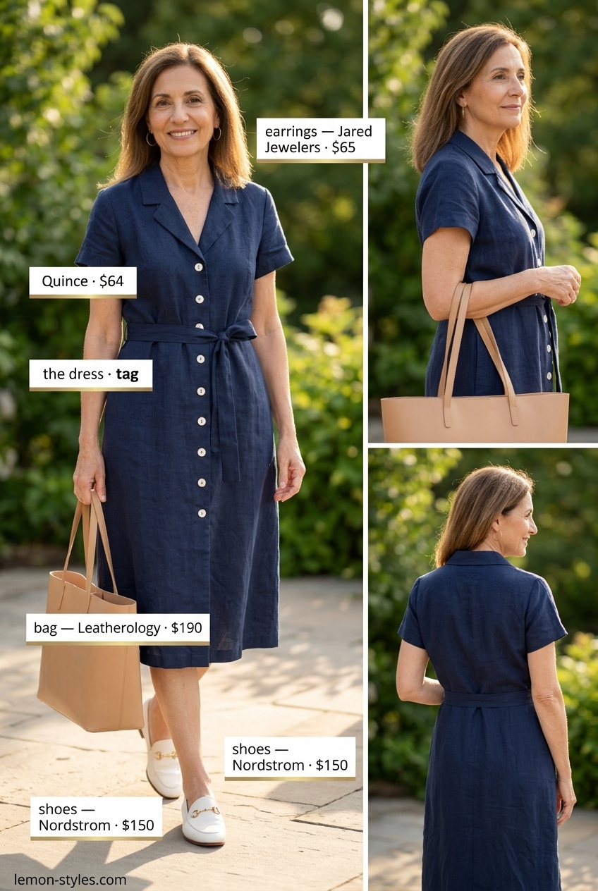 Effortless Summer Linen Outfit for Women Over 60 2026 Navy blue linen shirt dress with gold hoops and loafers. Summer linen outfit for women over 60 2026.