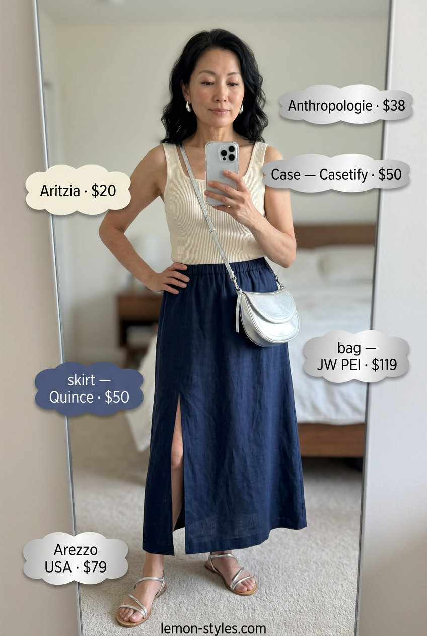 Elegant Summer Linen Outfit for Women Over 60 2026 Navy blue linen maxi skirt with cream tank top, silver accessories. Summer linen outfit for women over 60 2026.