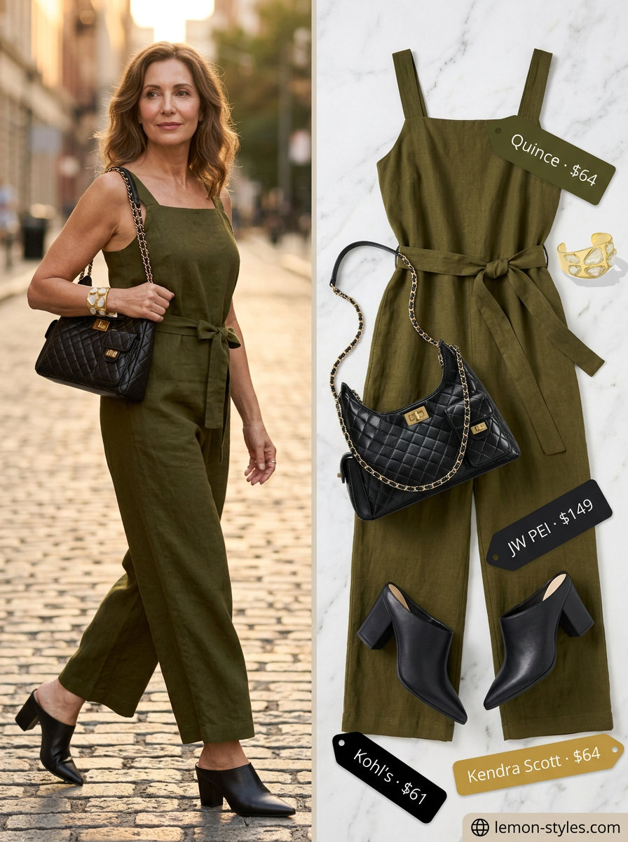 Sophisticated Olive Linen Jumpsuit 2026 Olive green linen jumpsuit summer linen outfit for women over 60 2026, for evening events.