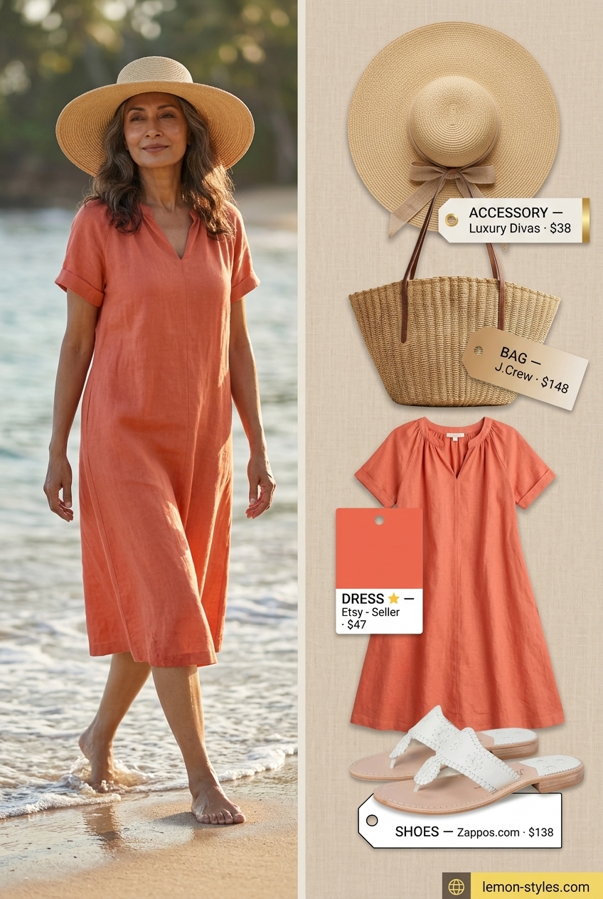 Elegant Peach Linen Maxi Dress 2026 Warm peach linen maxi dress summer linen outfit for women over 60 2026, elegant vacation style.