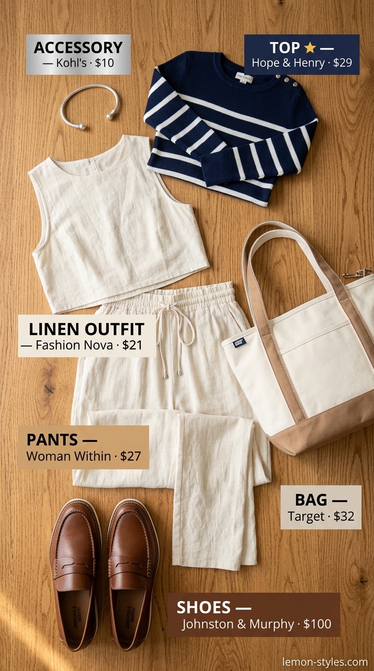 Classic Striped Linen Capri 2026 Navy and white striped knit top with tan linen capris summer linen outfit for women over 60 2026.