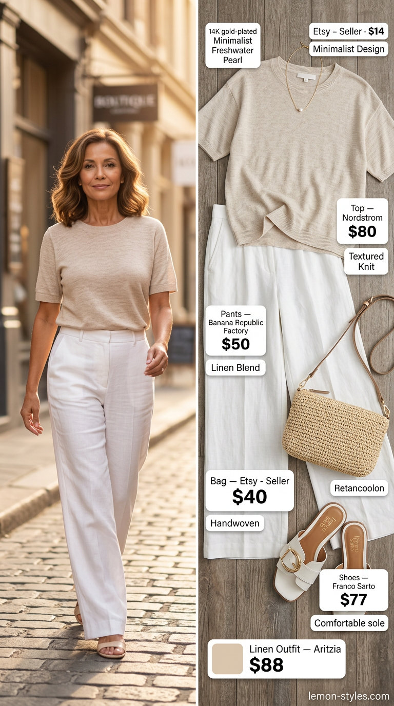 Coastal White Linen Pants 2026 White linen pants and sky blue knit top summer linen outfit for women over 60 2026, coastal style.