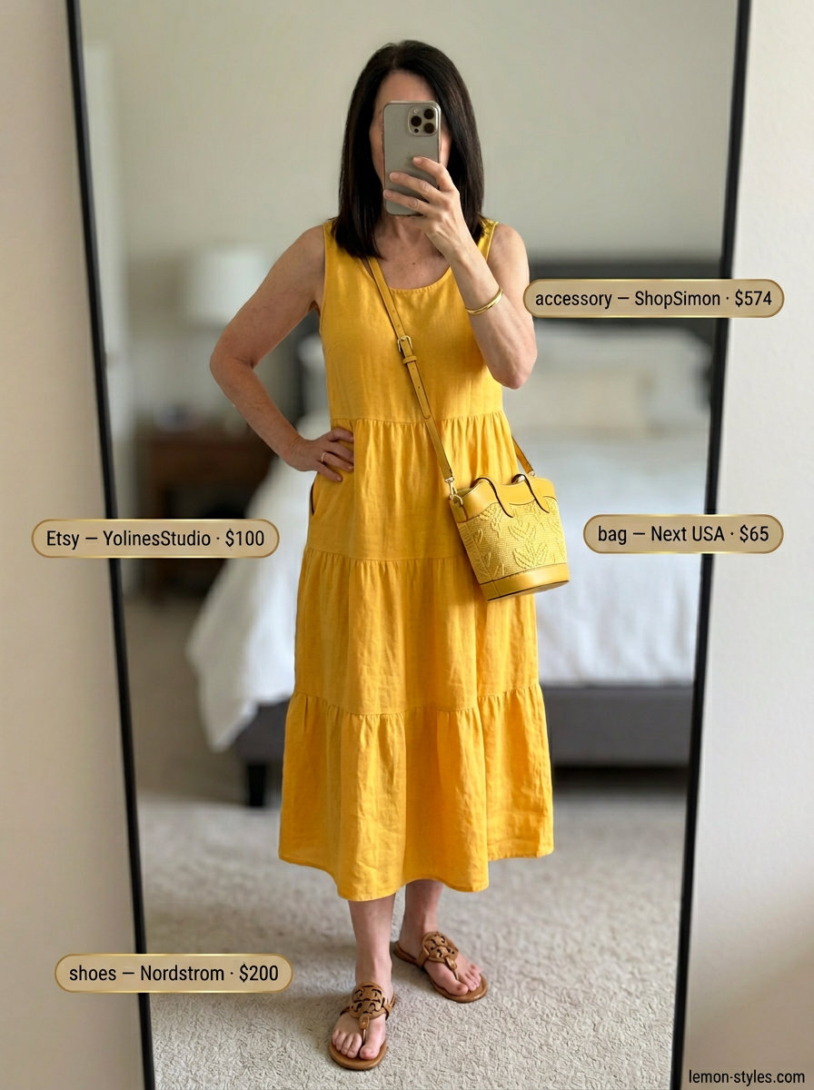 Sunny Summer Linen Outfit for Women Over 60 2026 Lemon yellow linen sundress with tan sandals and raffia bag. Summer linen outfit for women over 60 2026.