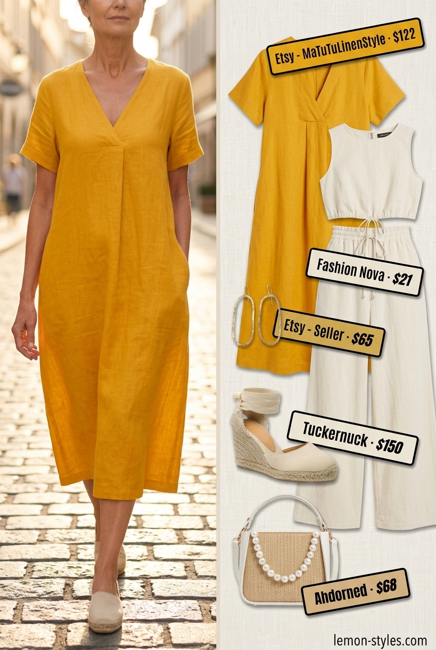 Elegant Linen Dress for Women Over 60 2026 Summer linen outfit for women over 60 2026: Mustard yellow linen dress for elegant daytime events.