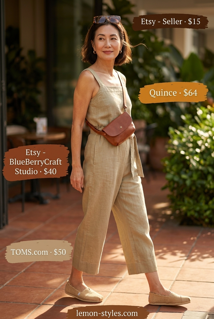 Chic Linen Jumpsuit for Women Over 60 2026 Summer linen outfit for women over 60 2026: Khaki linen utility jumpsuit for casual days out.