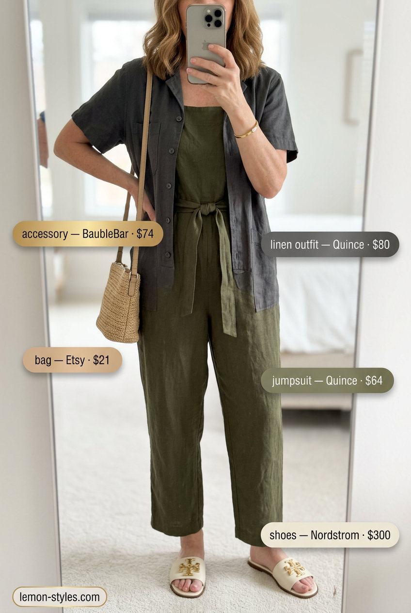Relaxed Linen Jumpsuit for Women Over 60 2026 Summer linen outfit for women over 60 2026: Olive green wide-leg linen jumpsuit for relaxed weekends.