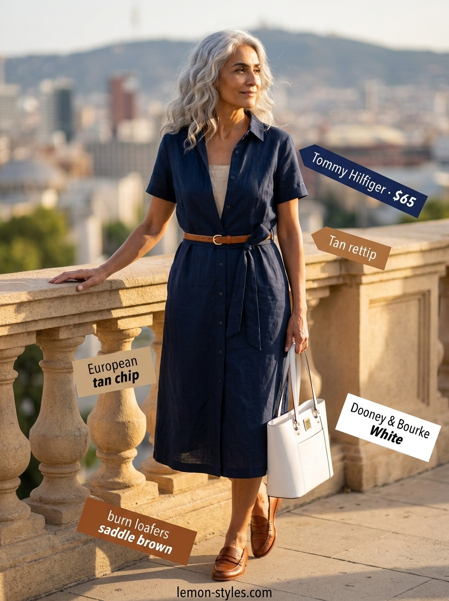 Linen Shirt Dress for Women Over 60 2026 Summer linen outfit for women over 60 2026: Navy blue linen shirt dress for smart casual occasions.