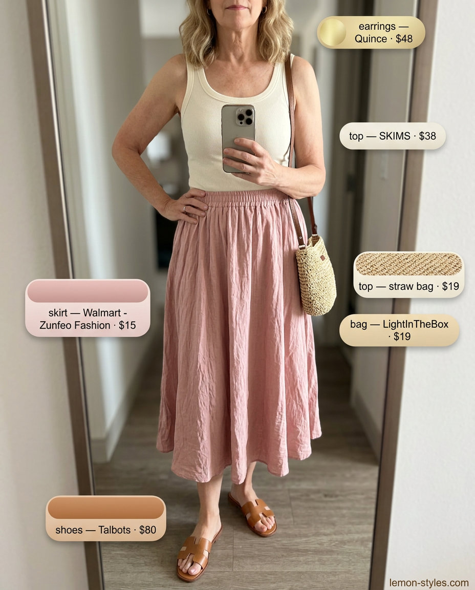 Chic Linen Skirt & Tank for Women Over 60 2026 Summer linen outfit for women over 60 2026: Blush pink midi linen skirt & cream knit tank for casual chic.