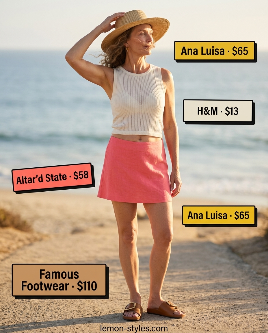 Playful Linen Skirt Outfit for Women Over 60 2026 Summer linen outfit for women over 60 2026: Coral pink mini linen skirt & cream tank for casual picnics.