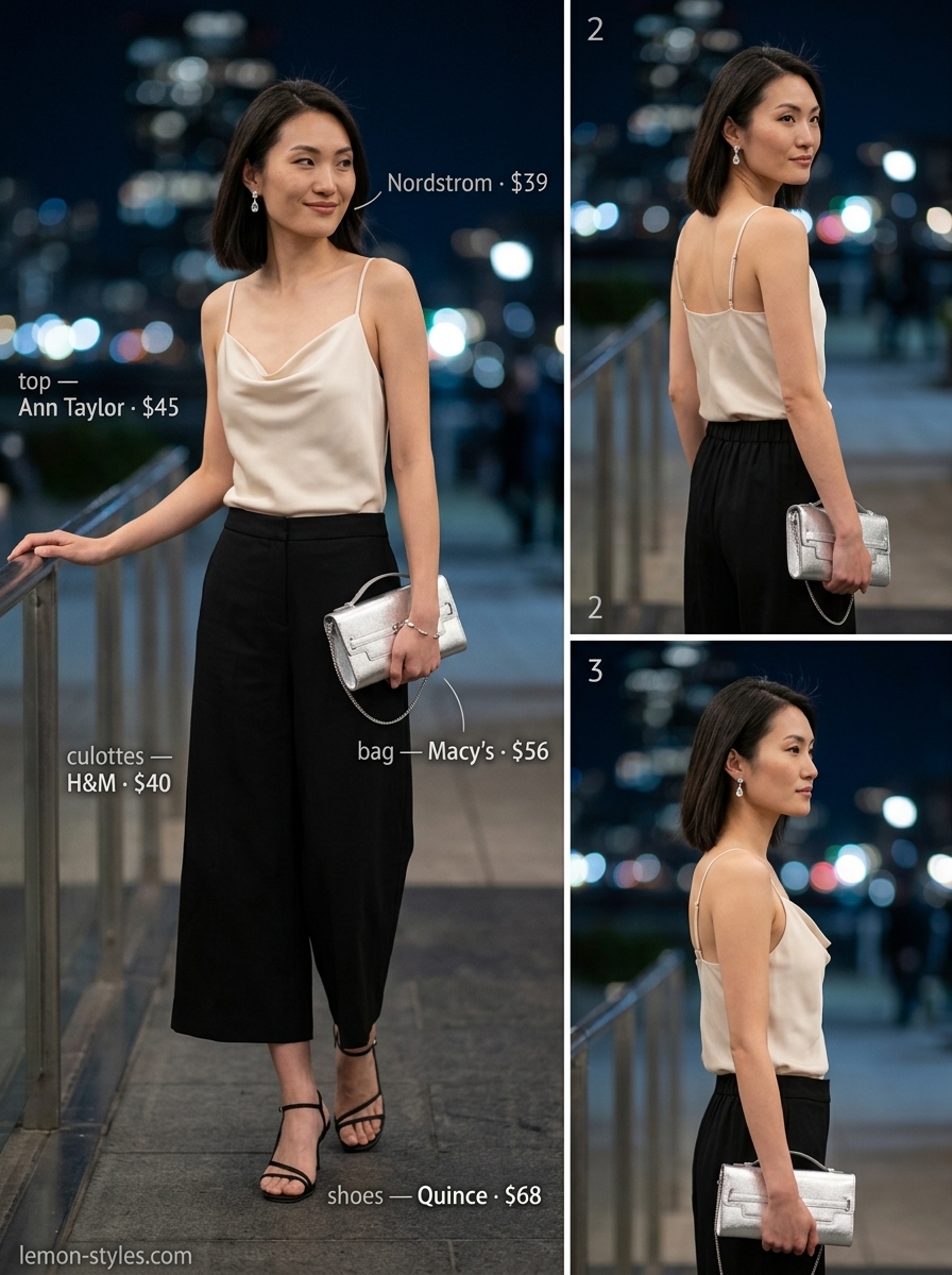 Elegant black linen tailored culottes for women 2026 paired with ivory satin camisole and silver clutch for evening.