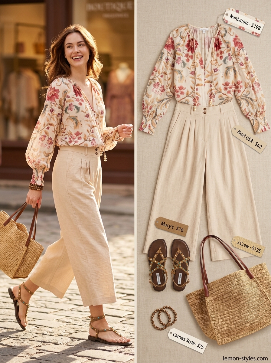 Beige linen culottes, floral blouse, straw tote. Bohemian festival outfit 2026.