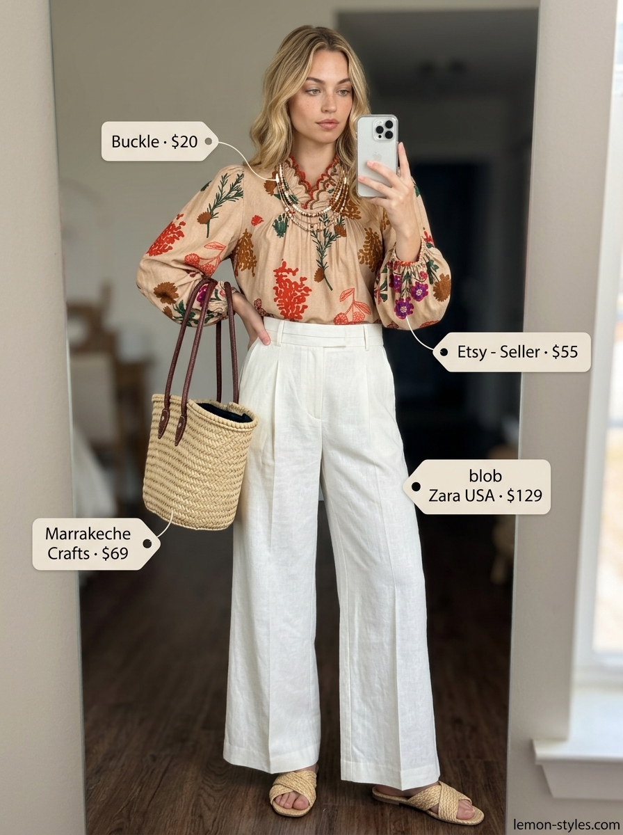 Ecru linen tailored culottes for women 2026, paired with a floral peasant blouse and leather ankle boots for a boho summer look.