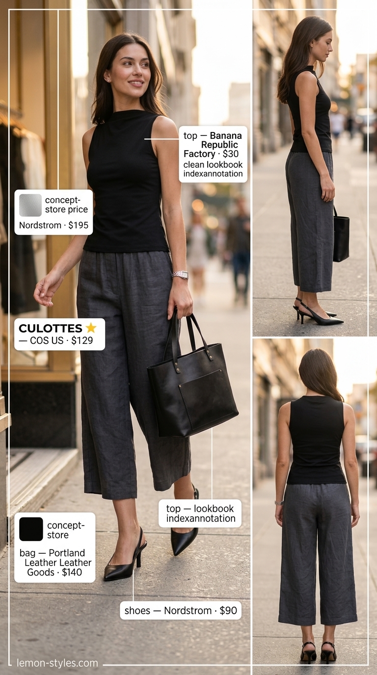 Charcoal grey linen tailored culottes for women 2026 with black knit top and pumps for office chic.