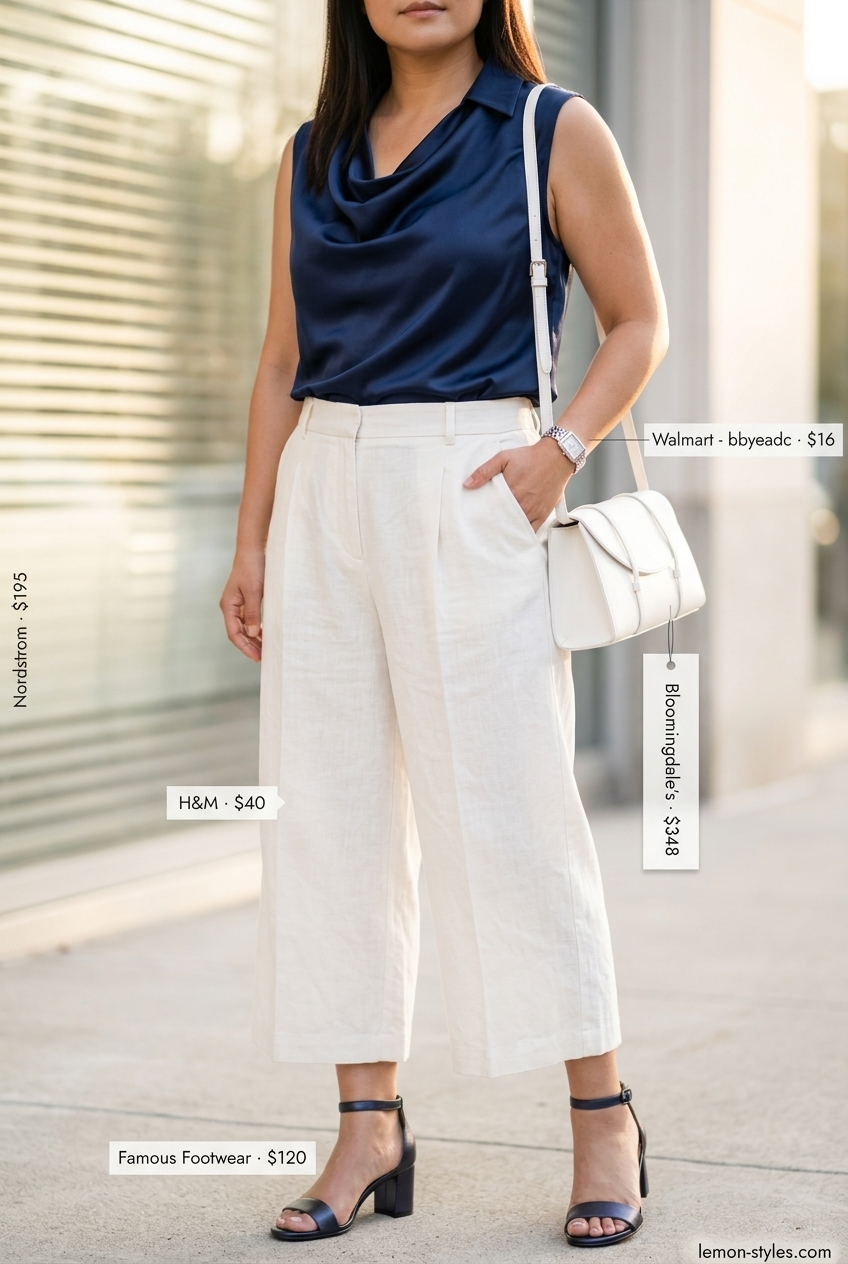 Classic beige linen culottes, navy sleeveless blouse, white bag. Smart casual summer work outfit 2026.