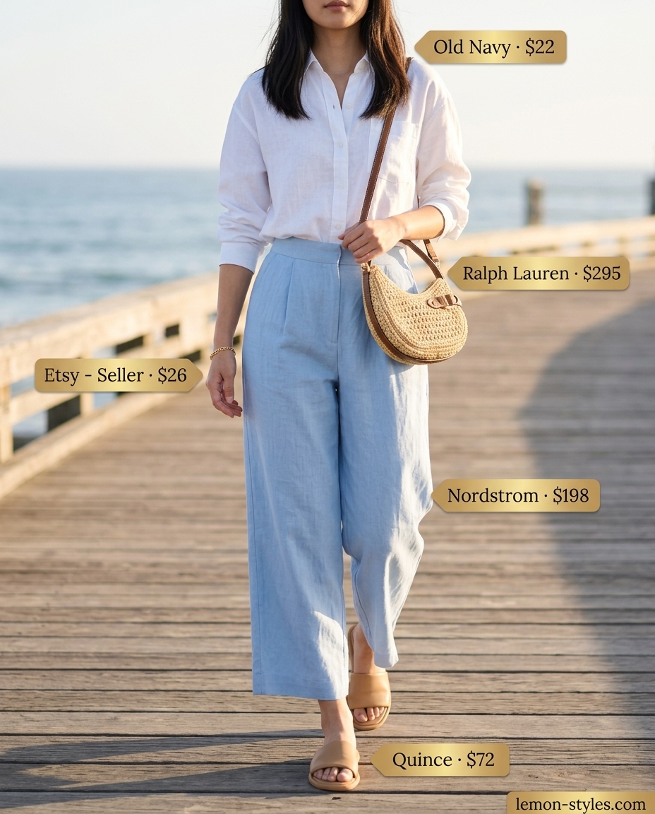 Sky blue linen culottes, white shirt, straw bag. Coastal breeze casual outfit 2026.
