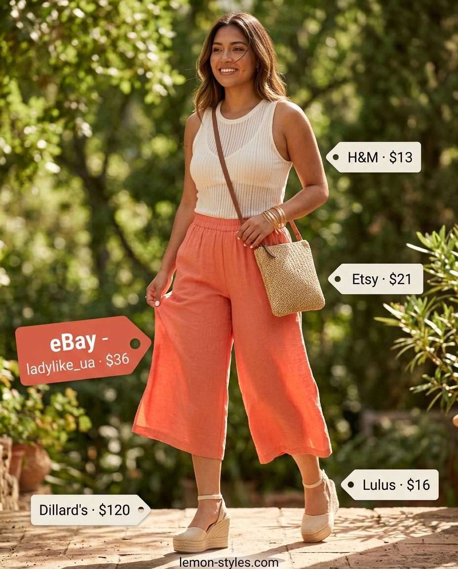 Coral linen tailored culottes for women 2026 with cream knit tank and espadrille wedges for a playful look.