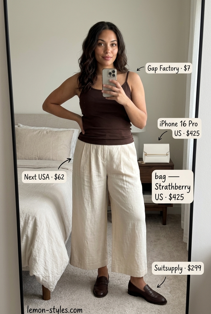 Earthy tones: Camel linen culottes, dark brown knit top, cream bag. Smart casual outfit 2026.