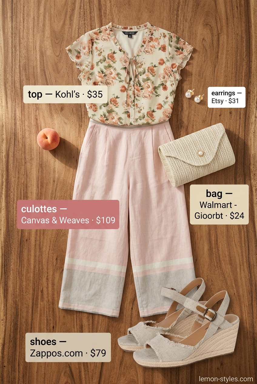 Blush pink linen tailored culottes for women 2026, paired with a floral blouse and espadrille wedges for a garden party.