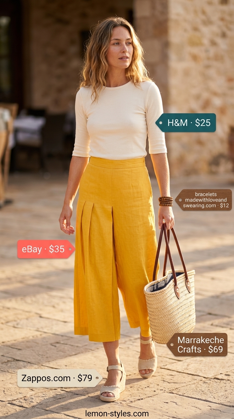 Golden yellow linen tailored culottes for women 2026, styled with a cream knit top and espadrille wedges for a warm summer evening.