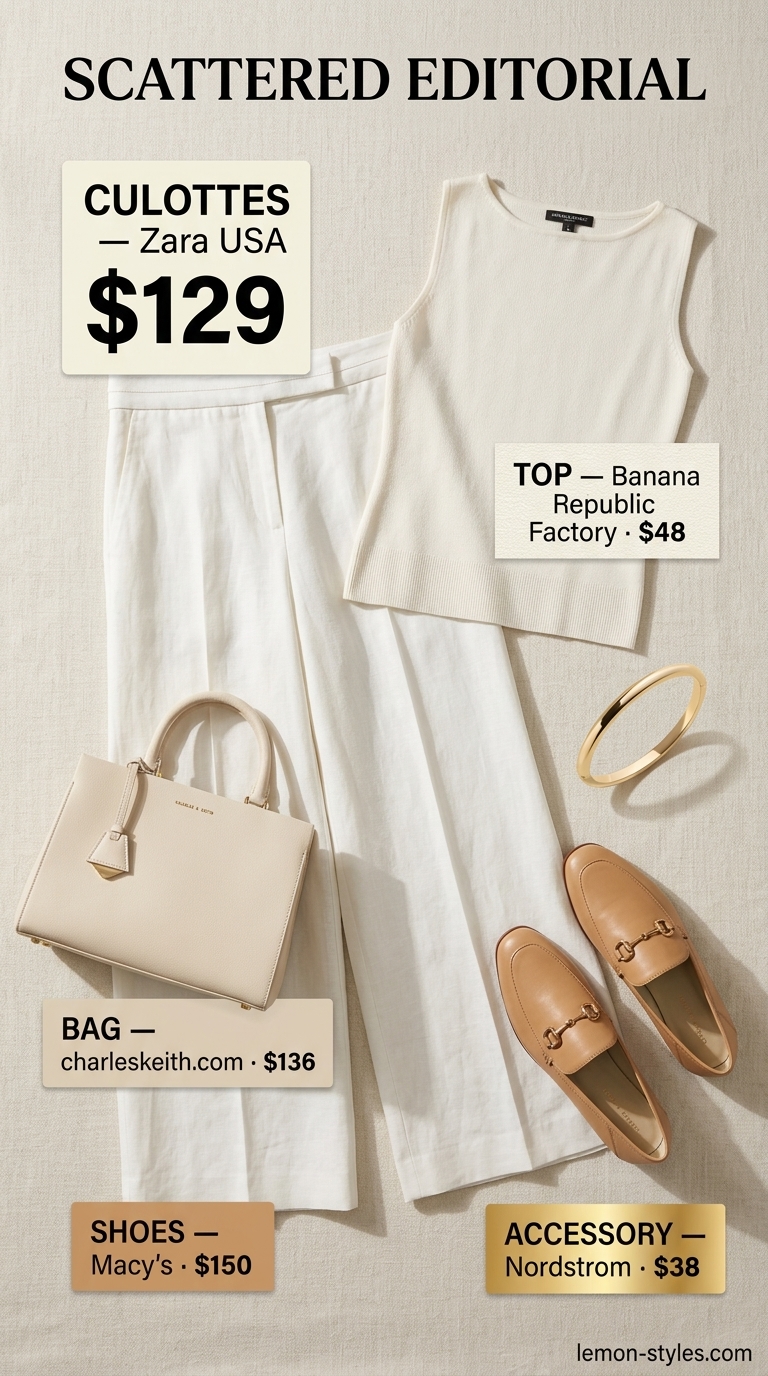 Ivory linen tailored culottes for women 2026 with beige knit top and leather loafers for a chic look.