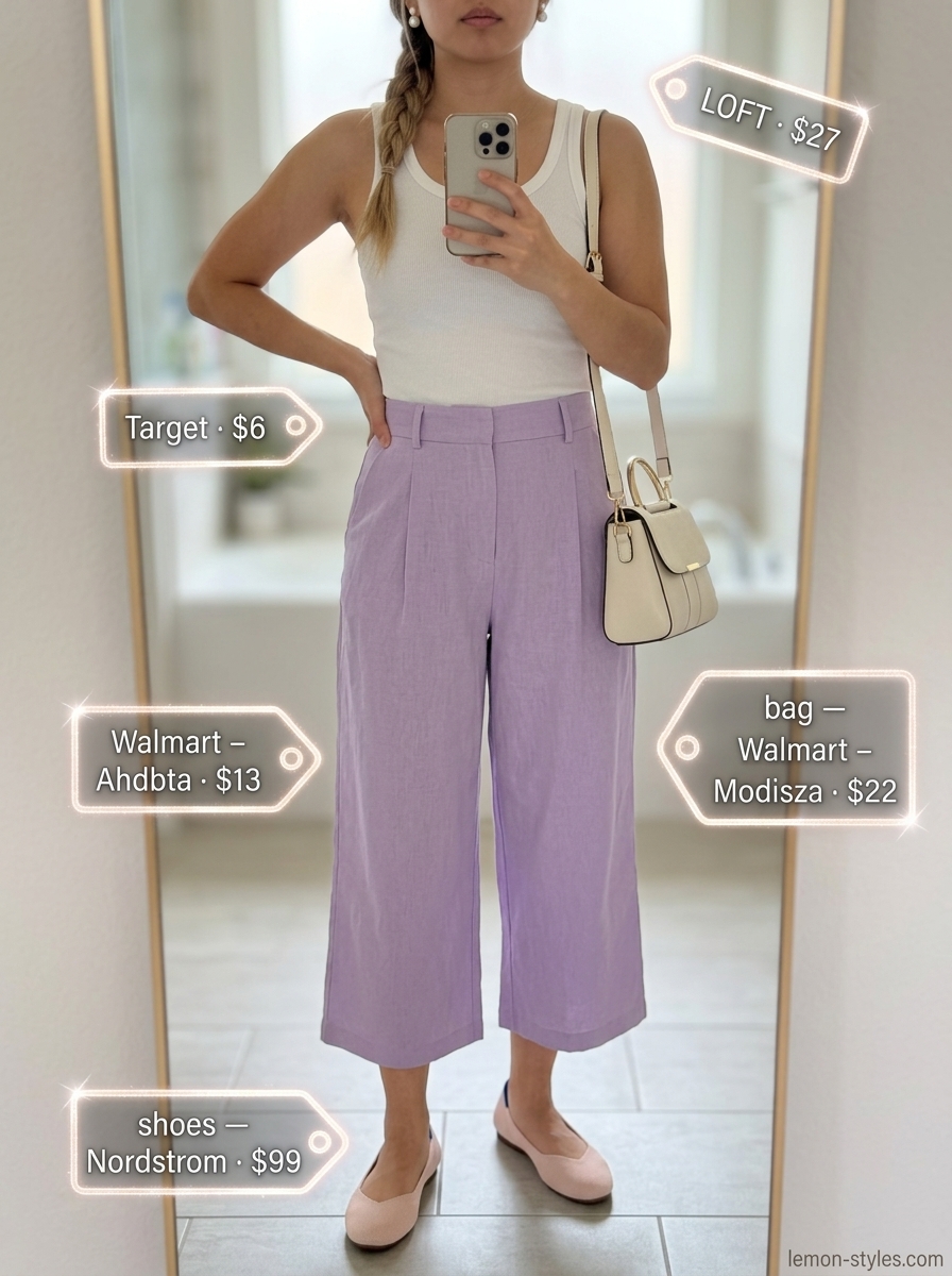 Soft lilac linen tailored culottes for women 2026 with white ribbed tank and nude ballet flats for brunch.