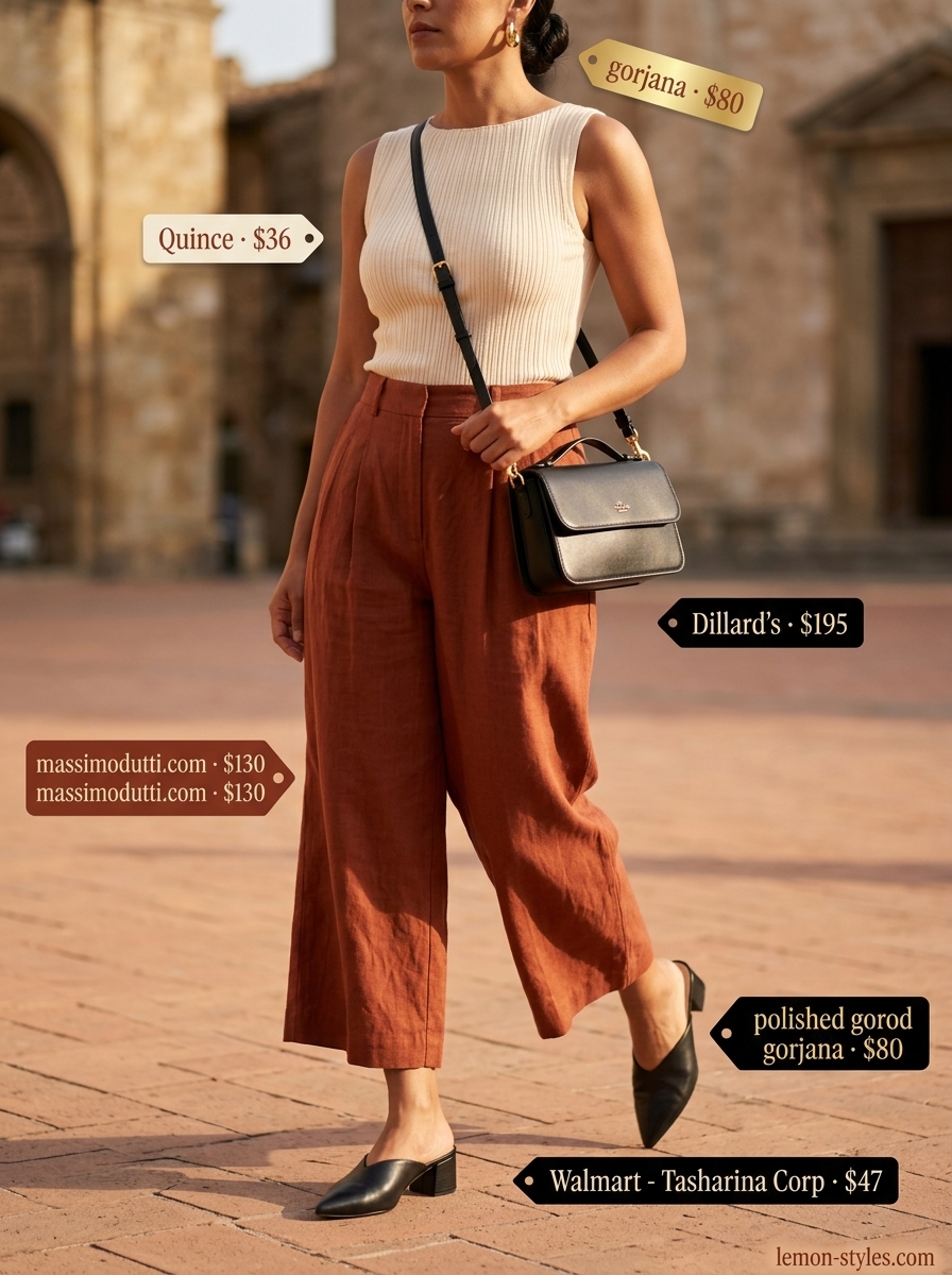 Terracotta linen culottes, cream knit top, black mules. Mediterranean evening outfit 2026.