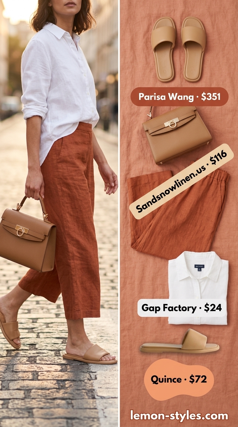 Terracotta linen tailored culottes for women 2026, styled with an oversized white linen shirt and leather slides for a chic resort look.