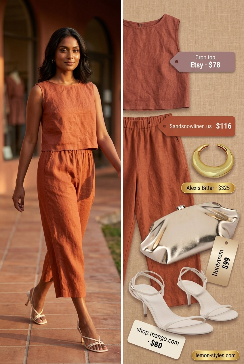 Terracotta linen tailored culottes for women 2026, styled as a set with a matching cropped tank top for elegant resort evenings.