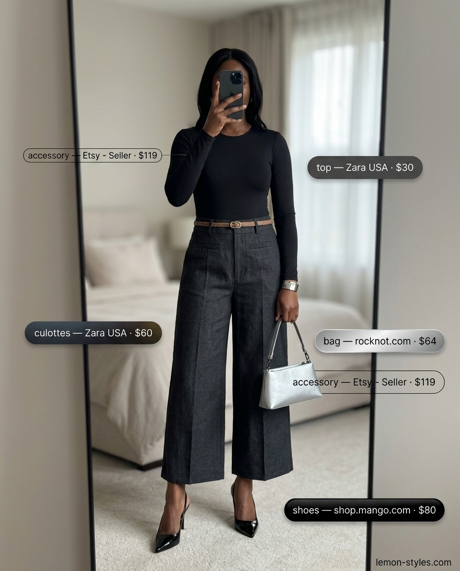 Charcoal grey linen tailored culottes for women 2026, paired with a black bodysuit and stiletto heels for sophisticated office wear.