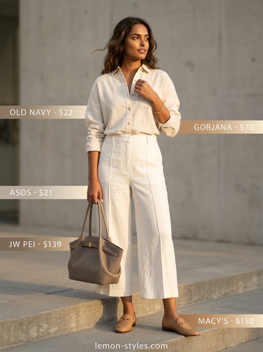Ivory linen culottes, cream blouse, beige loafers. Monochromatic business casual outfit 2026.