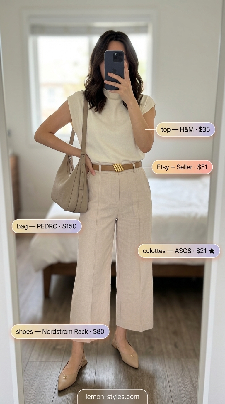 Soft beige linen tailored culottes for women 2026, styled monochromatically with a cream knit top and slingback flats for elegant business casual.
