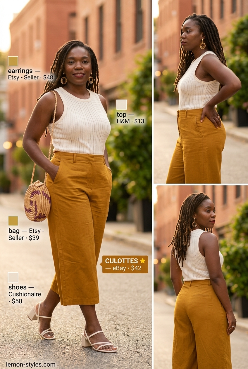 Mustard yellow linen tailored culottes for women 2026 with cream knit top and block heels for evening.