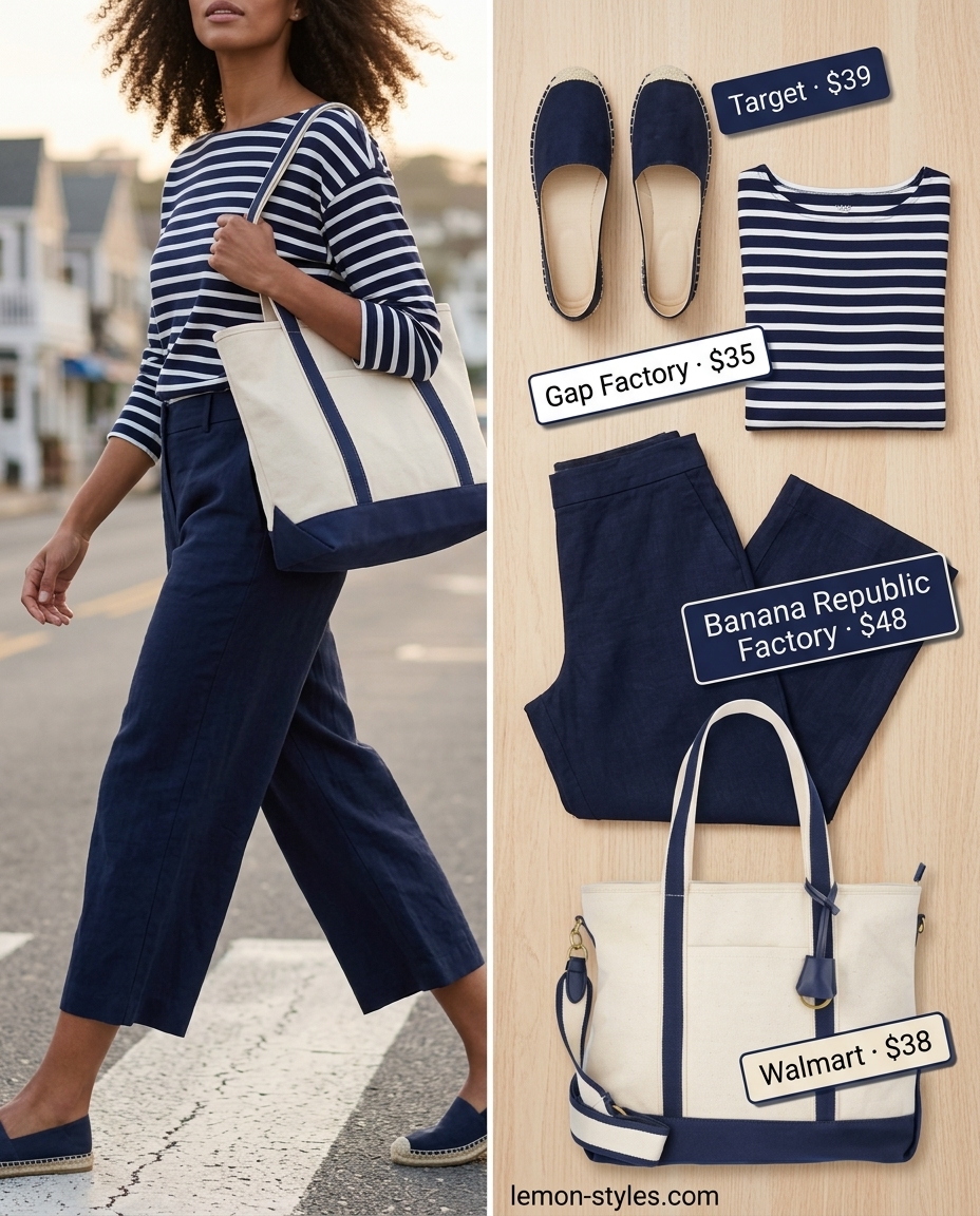 Navy blue linen tailored culottes for women 2026 with striped boatneck tee and red scarf for coastal style.