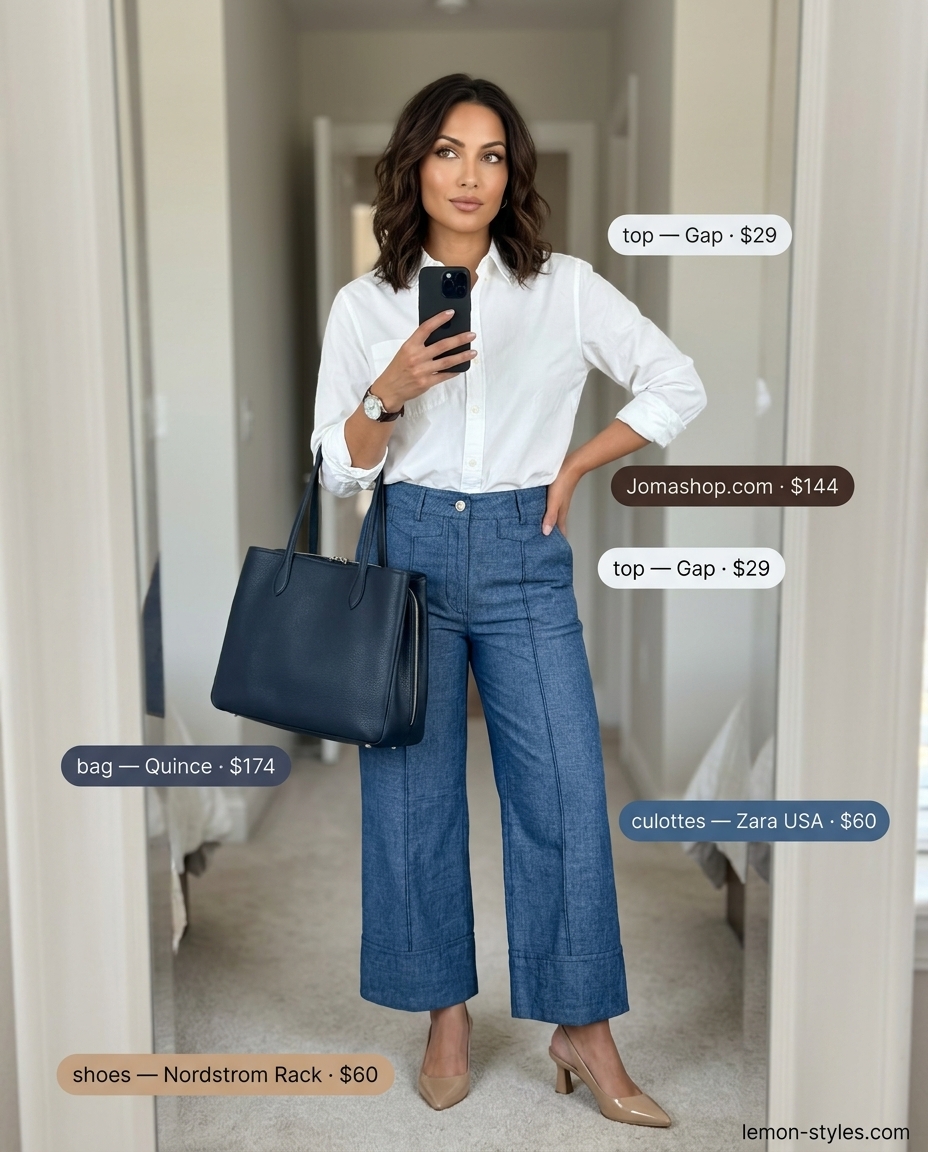Navy linen culottes, white button-down shirt, nude heels. Summer office outfit 2026.