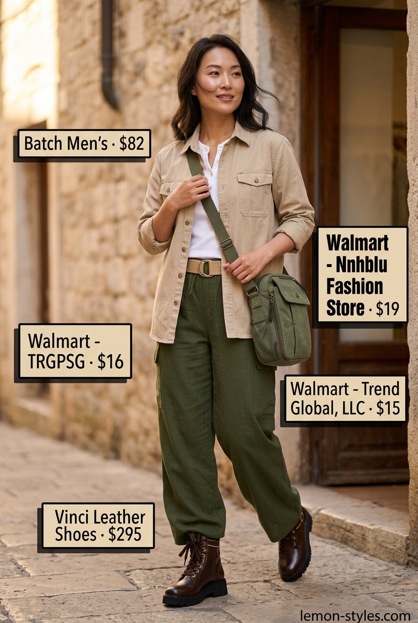Olive green linen culottes, khaki utility shirt, brown boots. Safari adventure travel outfit 2026.