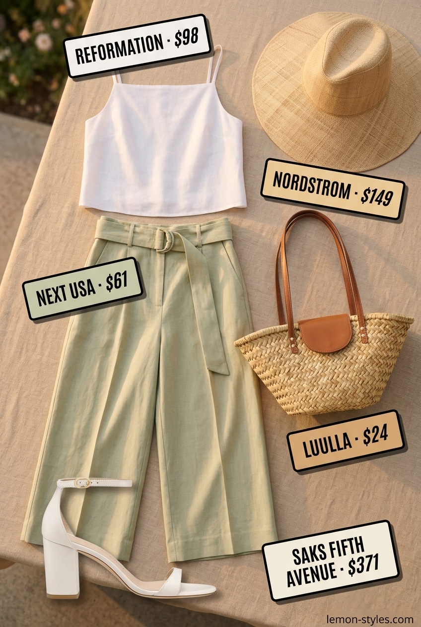 Sage green linen tailored culottes for women 2026 with cream camisole, block heels, and straw hat.