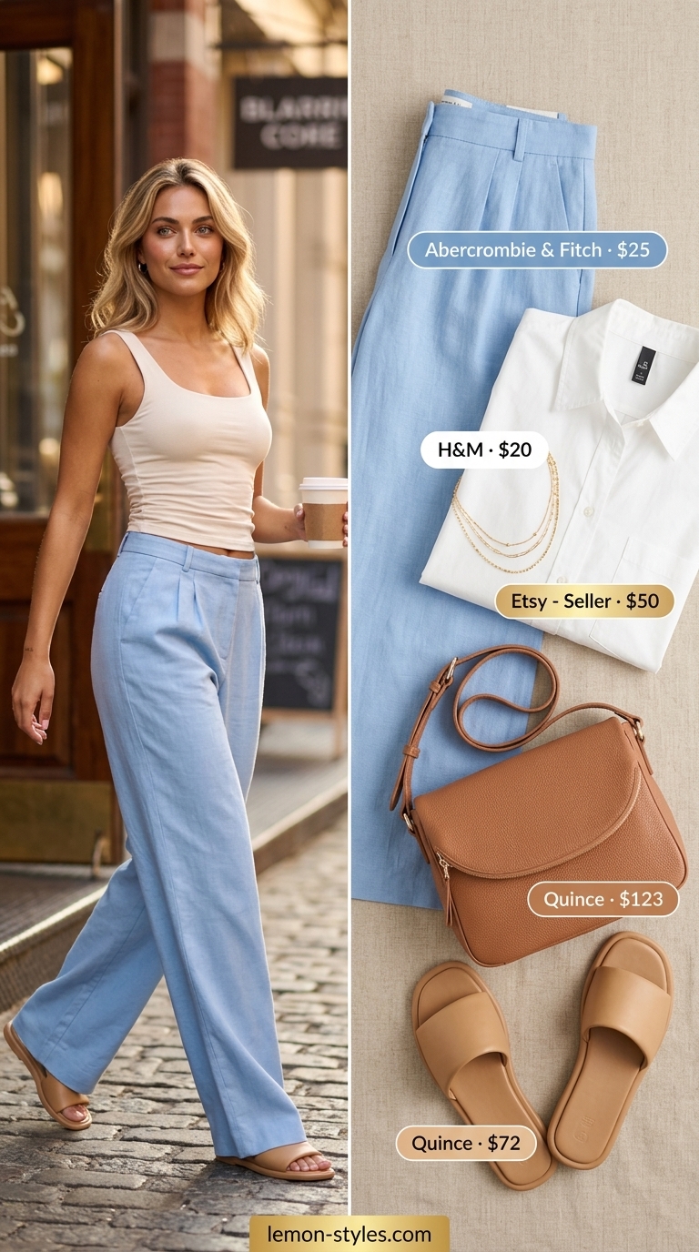 Sky blue linen tailored culottes for women 2026 with white shirt and leather slides for a chic look.