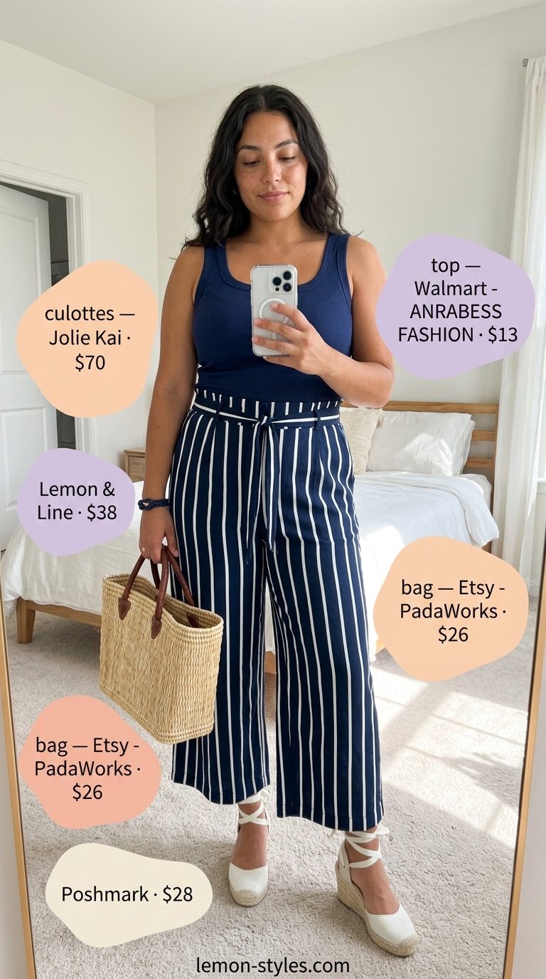 Navy and white stripe linen tailored culottes for women 2026 with navy tank and espadrilles for vacation.