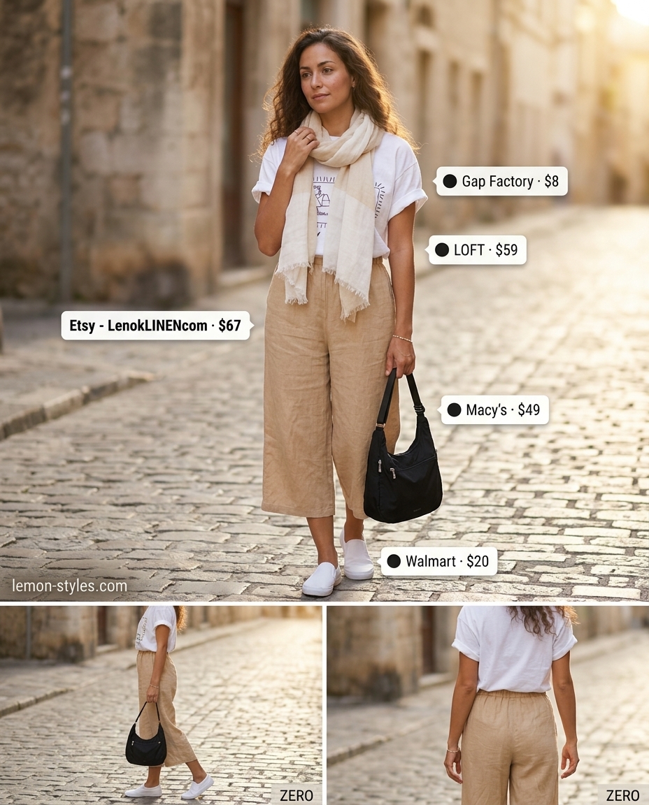 Natural beige linen culottes, grey t-shirt, white sneakers. Effortless travel outfit 2026.